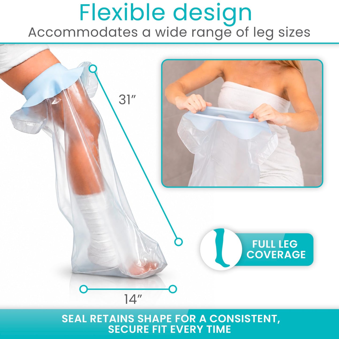 Vive Cast Cover for Shower Leg - Waterproof, Patented Seal - Adult Cover Bag for Showering After Surgery - Also for Broken Foot, Ankle, Knee, Toe, Bandages, Wounds, Baths - Watertight & Submersible