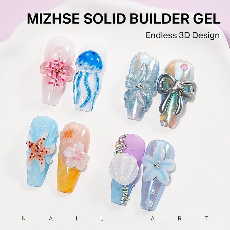 MIZHSE 2PCS 60g Builder Gel Set - Clear & White 3D Sculpting Gel with Gold & Silver Chrome Powder for DIY Nail Art