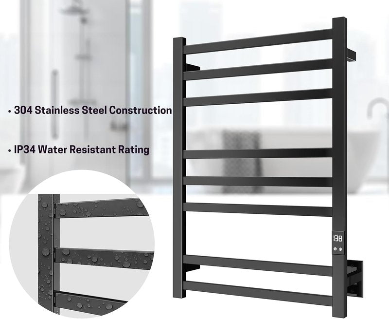 Skiennix Electric Heated Towel Warmer - Fast Heating with Auto Shut-Off Timer | Matte Black, Wall-Mounted