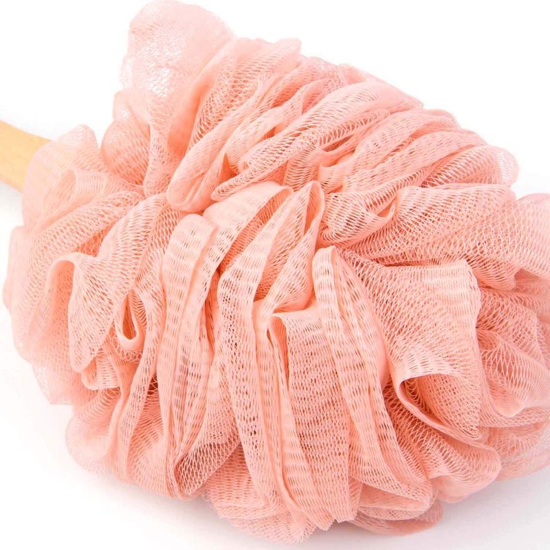 Arswin Loofah Back Scrubber for Shower, Wooden Long Handle Bath Sponge Lufa Shower Brush, Soft Nylon Mesh Back Cleaner Washer, Women & Men Exfoliating Luffa Pouf on a Stick for Body (Pink)