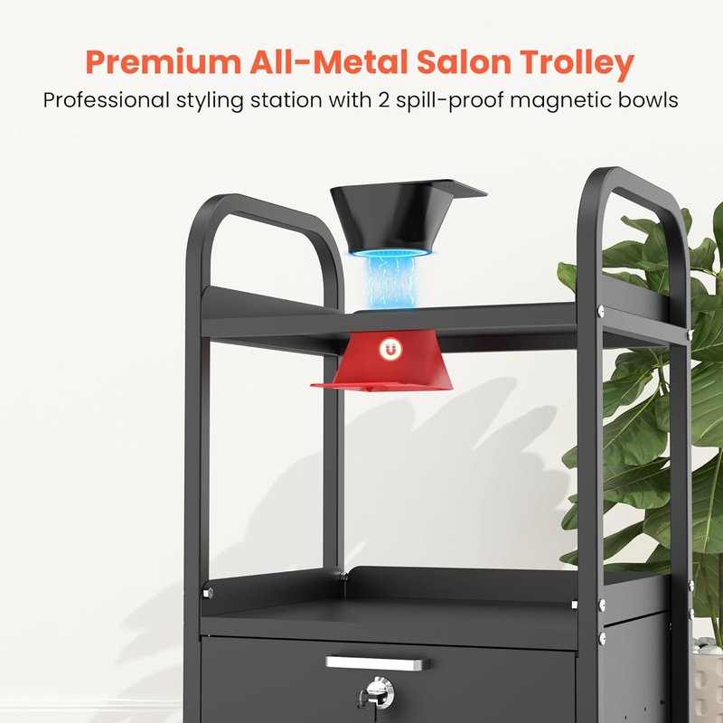 Metal Salon Trolley Cart with Wheels - 4-Tier Rolling Tray Organizer for Hair Stylists & Estheticians | Lockable Drawers & Durable Design