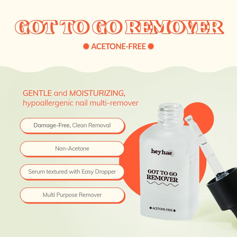 Heyhae Got To Go Remover - Semi-Cured Gel Nail Strip Remover | Non-drying Hypoallergenic Solution | Gentle and Moisturizing Acetone Free Formula