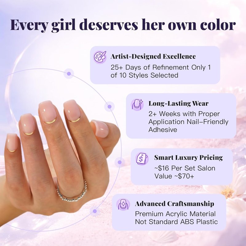 Press On Nails - Golden Standard | Nail Artist Designed Short Squoval Milky Pink Fake Nails with Minimalist Gold French Edge, Glossy Finish, Salon Quality | 15 Sizes - 30 Nail Kit with Glue