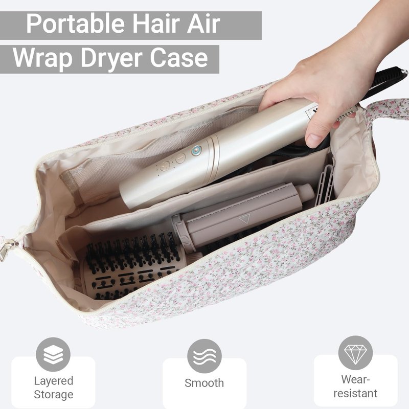 Quilted Hair Tools Travel Bag Compatible with Dyson Hair Dryer Airwrap, Floral Hair Tools Bag Compatible with Shark Flex Style Case, Hair Dryer, Curling Iron, Dustproof Travel Storage Organizer (Pink)