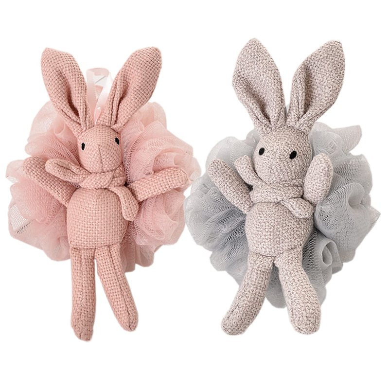 Kids Bath Sponge for Teen Girl and Women, Soft Net Loofah with Animal Bunny with Stuff Exfoliating Body Scrub Bath Luffa for Shower - Pink & Grey (2 of Pack)