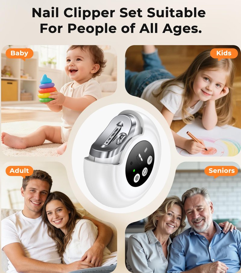 Electric Nail Clippers for All Ages, Rechargeable Safety Grinder, Pinch-Free Auto Trimmer with Debris Catcher, 3-Speeds Nail File and Polisher with LED Light, Quiet Care for Baby, Seniors and Adults