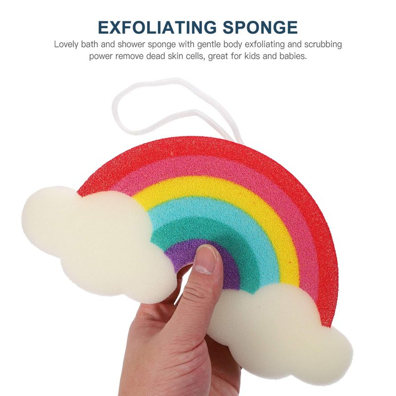 Mobestech Rainbow Shower Sponge for Kids Soft Exfoliating Bath Loofah Body Scrubber Gentle Cleaning with Fun Rainbow Design Lightweight and Compact 9.05X4.72X1.37In