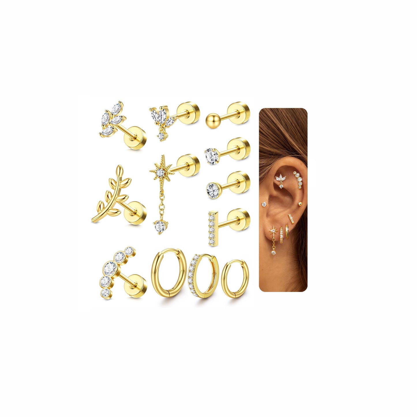 JeryWe 16G Cartilage Earrings for Women Flat Back Earrings Hypoallergenic Surgical Steel Small Flatback Stud Hoop Cartilage Earring Stacks Helix Conch Tragus Daith Piercing Jewelry 14K Gold Plated