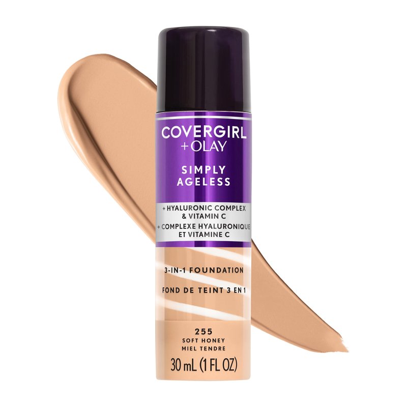 COVERGIRL & Olay Simply Ageless 3-in-1 Liquid Foundation, Matte Finish, Hyaluronic & Vitamin C Formula, 255 Soft Honey, 1 Count