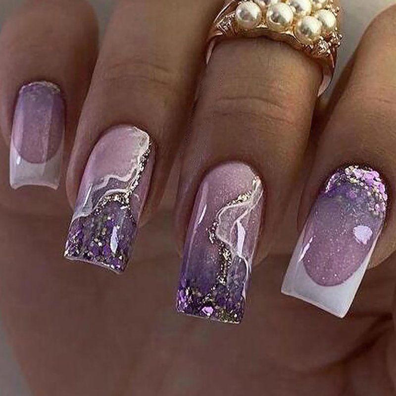 Medium Square Press-On Nails - Purple Marbling Design | Glossy Full Cover Acrylic Fake Nails, 24 Pcs