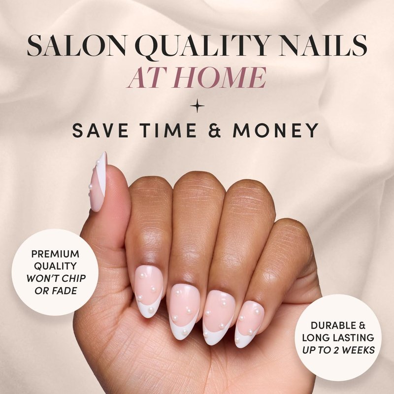 Glamnetic Press On Nails - French Pearl | Glossy, Short Almond French Tip Fake Nails with 3D Accents, Salon Quality | 15 Sizes - 30 Nail Kit with Glue