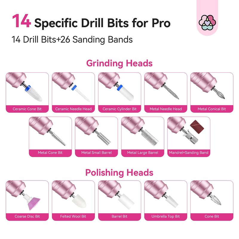SAVILAND Professional Nail Drill 40000 RPM: Portable Electric Nail Drill Kit File Machine with Ceramic Nail Bit Sanding Bands for Quick Acrylic Removal Manicure Salon Home Use, Pink Diamond