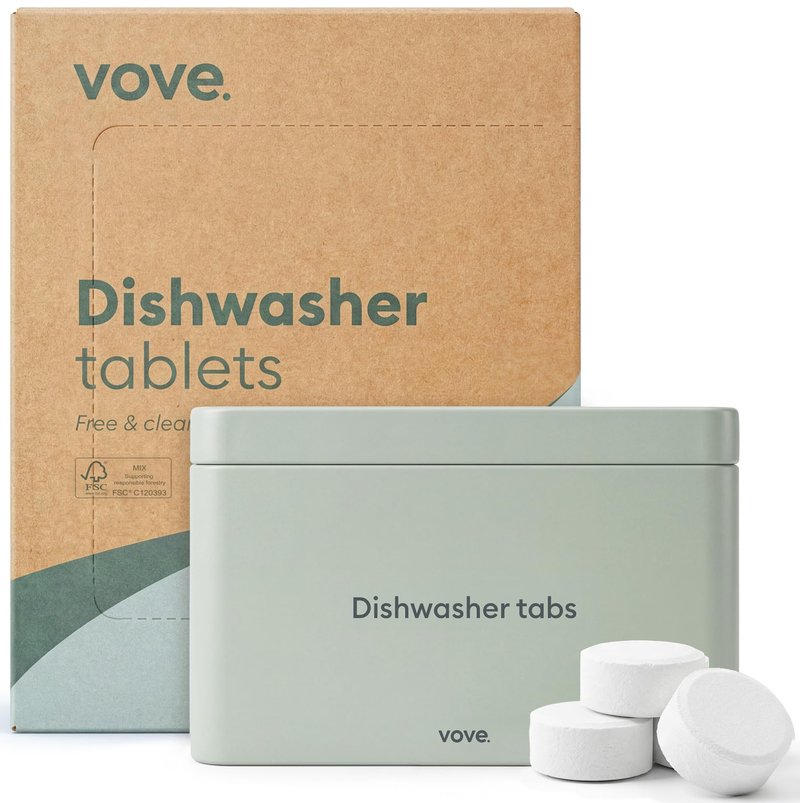 Vove Dishwasher Detergent Tablet Starter Set, 40 Count with Reusable Storage Tin - Plastic-Free, No PVA, No Microplastics - 2x Enzyme Power, Plant-Based, Fragrance-Free, Septic Safe