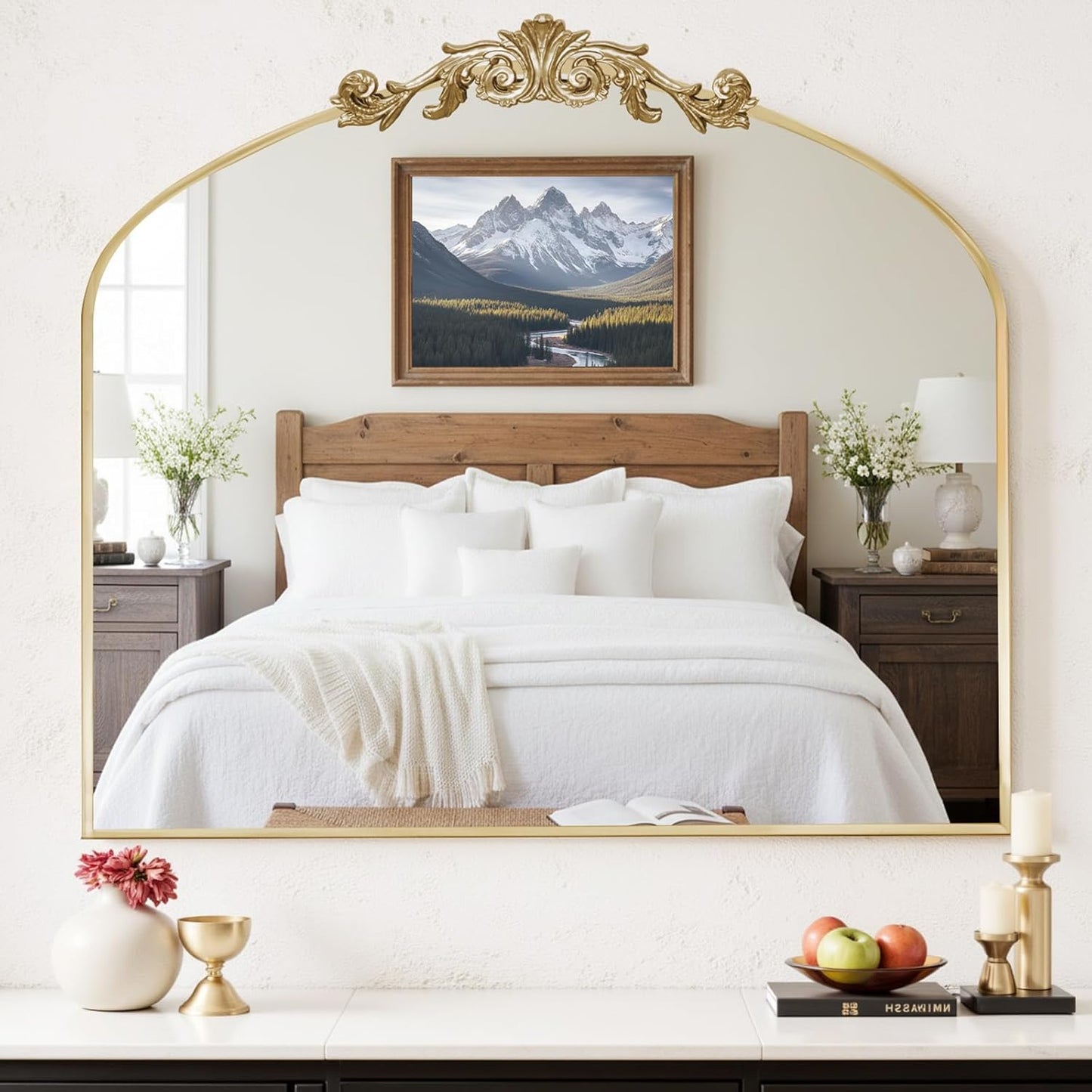 Vintage Arched Baroque Wall Mirror - 36" x 30" Antique Ornate Design | Elegant Carving, Full Metal Frame, Retro Gold