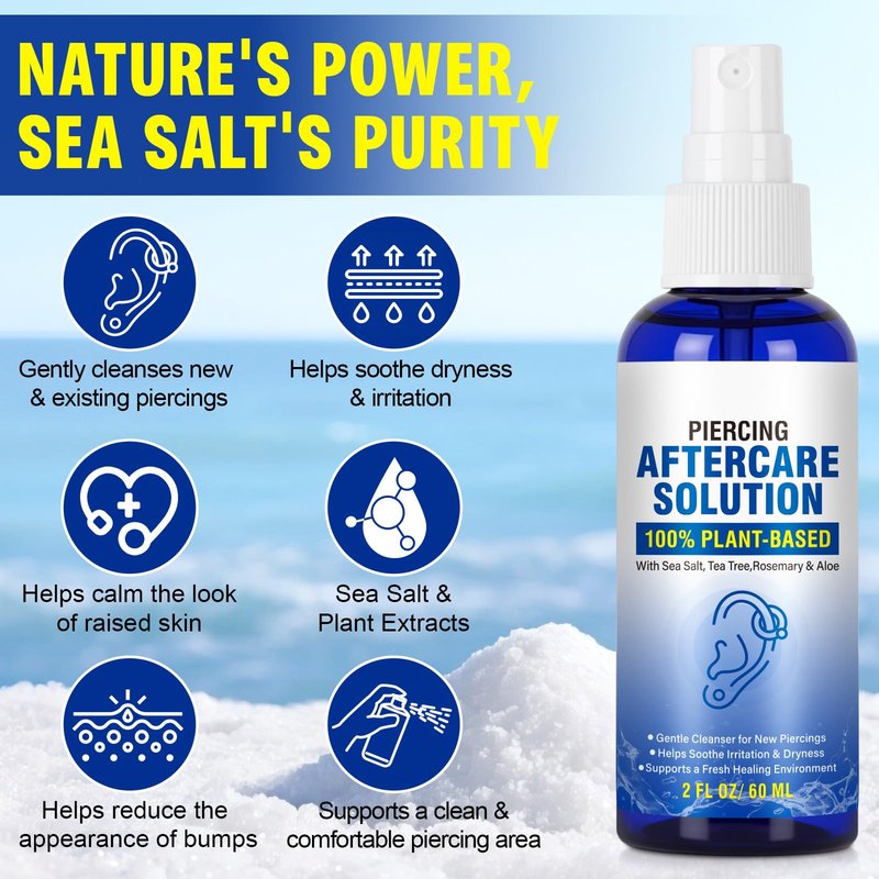Piercing Aftercare Spray, Sea Salt Spray for Ear, Nose, Belly Button, Cartilage Piercings, with Sea Salt, Aloe Vera & Rosemary, Oral & Body Piercing Cleaner, Aftercare Solution for New Piercings