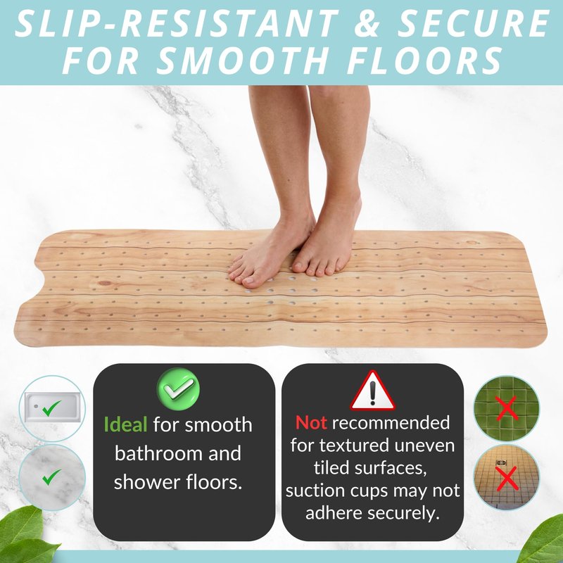 ENKOSI Bath Mat – PVC Large 40 x 16 Inch Non-Slip Bathtub Mat with Secure Suction Cup Grip & Drain Holes – Extra Long Bathroom Shower Mat for Tub and Shower Floors with Wood Print Design (40x16 Wood)