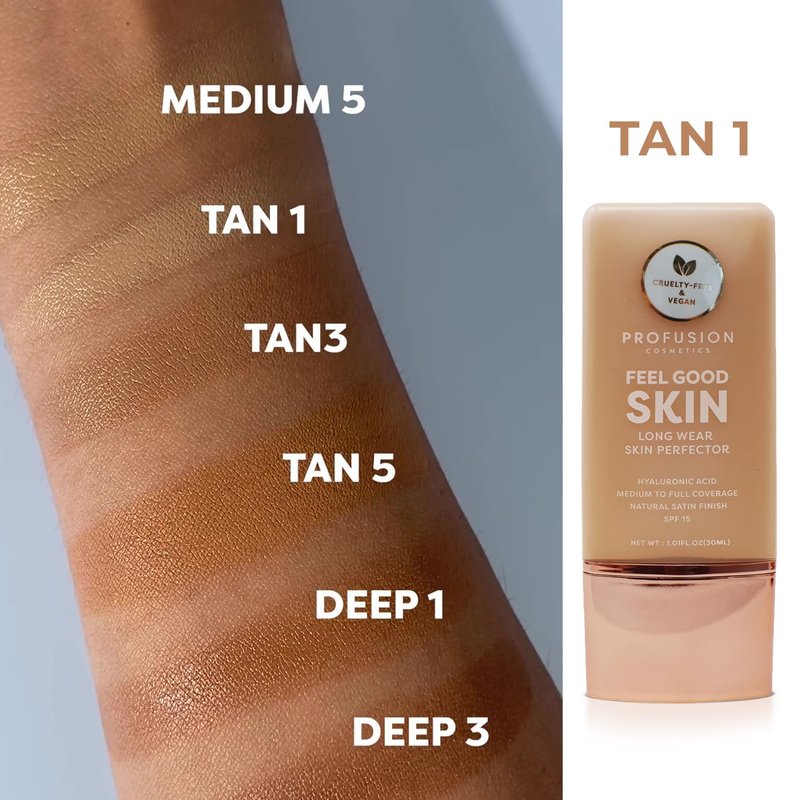 Profusion Cosmetics Lightweight Liquid Foundation for a Flawless and Elegant Radiance, Breathable Makeup that Improves Uneven Skin Tone, Vegan & Cruelty-Free - Tan 1