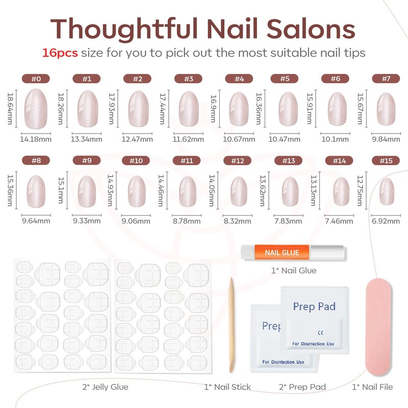 modelones Cat Eye Press on Nails, Short Oval Fake Nails Kit Press Ons with Nail Glue, Adhesive Tabs, Nail File, Prep Pad, Manicure Stick, 32Pcs 16Sizes, Spring Women Girl Gift