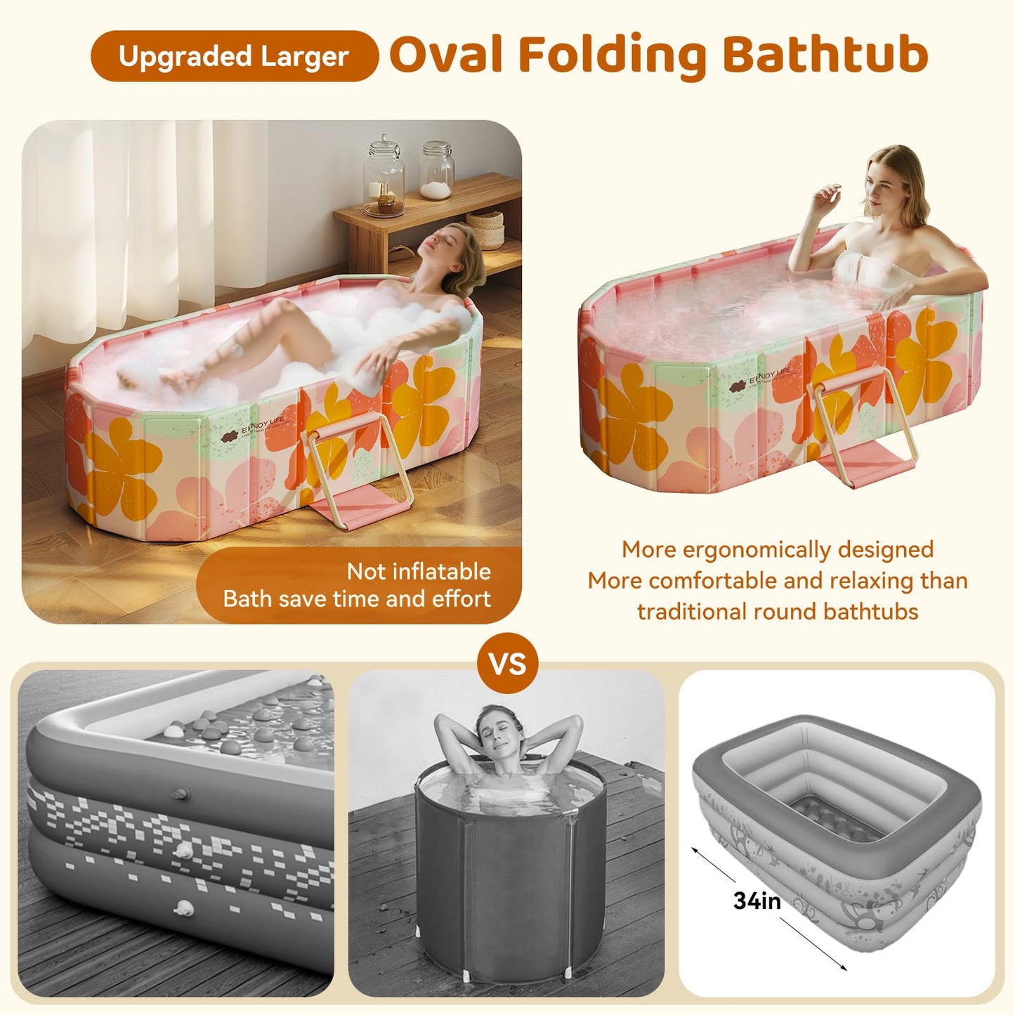 HLCZLUZ Portable Foldable Bathtub, Freestanding Bathtub No Installation, Bathroom SPA Soaking Bath Tub, Shower Stall Collapsible Hot & Ice Bath for Indoor Outdoor (Pink, ‎47.2"L x 21.6"W x 19.6"H)