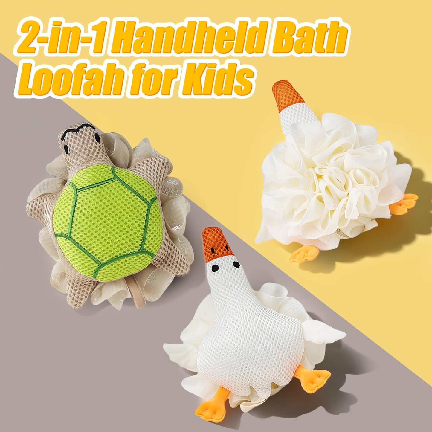 Kids Loofah, Cute Cartoon Animal Kids Bath Sponge with Hanging Rope, Soft Double Mesh for Rich Lather