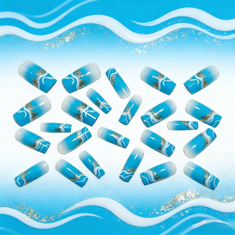 Beach Press on Nails Medium Square Blue Wave Fake Nails Gradient False Nail with Glitter Design Glossy Full Cover Stick on Nail Reusable Artificial Summer Nails for Women Manicure 24Pcs