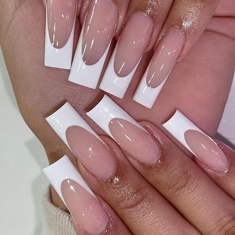 Long Press French Nails - Pinkish-White Acrylic Tip - Full Cover Glossy False Nails with Minimalist Design - 24 Pcs