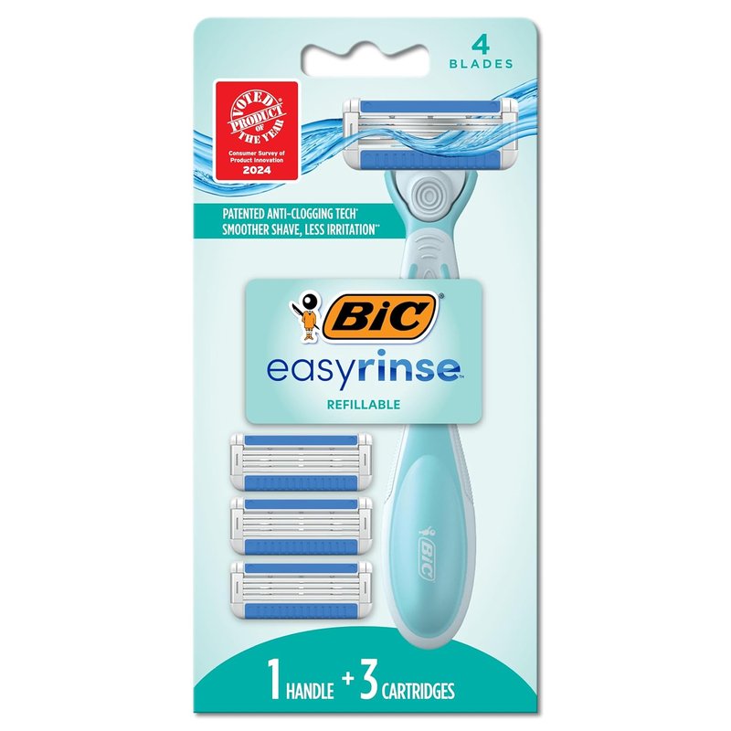 BIC Women's Refillable Razors - Anti-Clogging Design with 4 Blades | Includes 1 Handle & 3 Cartridges