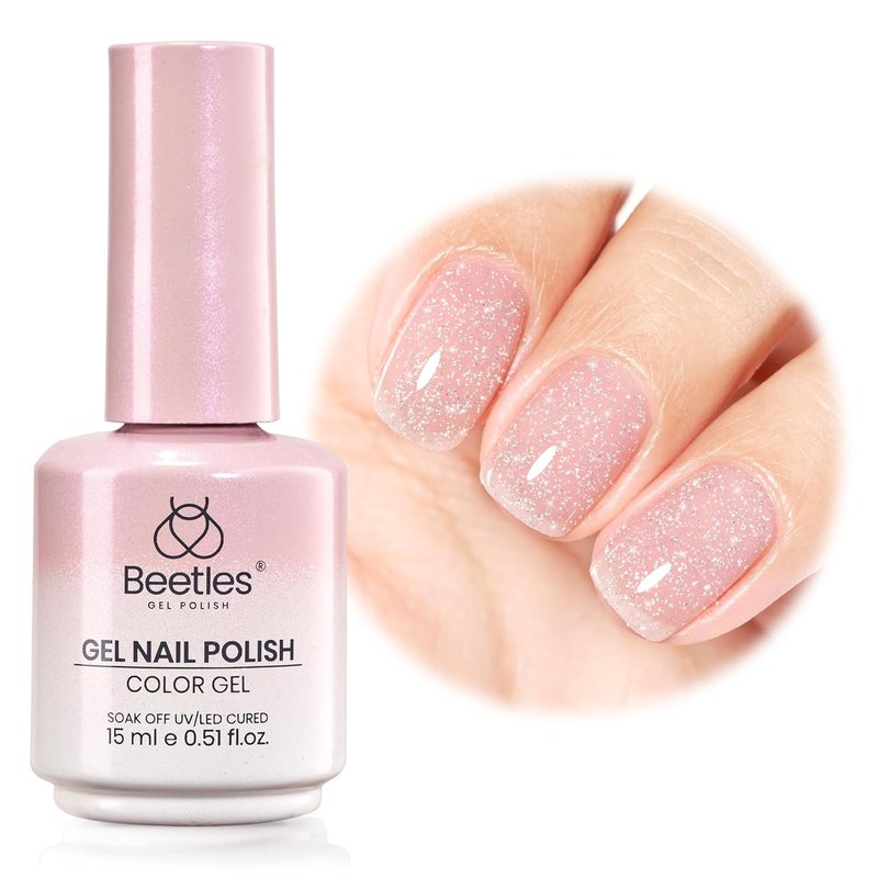 Beetles Glitter Pink Gel Nail Polish - 15ML Full Size Soft Glow Fragments Pink Nude Natural Glitter Gel Polish Soak Off UV French Nail Art Salon DIY Manicure Colorful Bottle Gift for Women