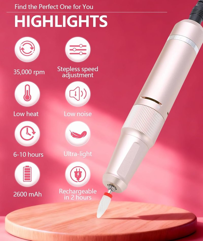 Professional Nail Drill - High Torque 35000 RPM Electric File for Acrylic & Gel | Portable Rose Gold Manicure Tool