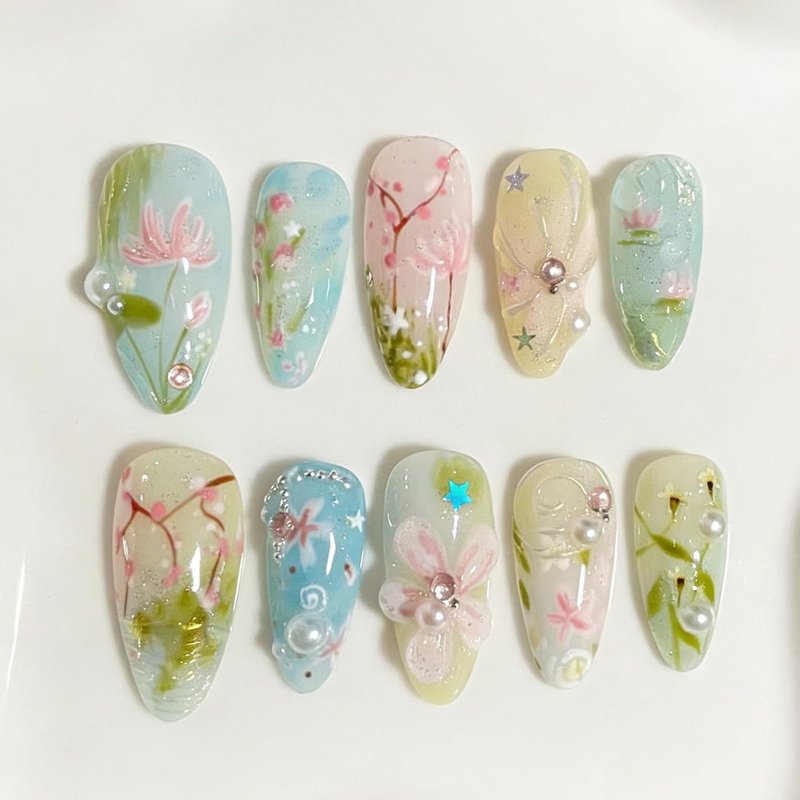 Floral Press-On Nails - Handmade Almond Shape with Pearls & Rhinestones | Glossy Reusable 24-Pcs Set for Daily Wear