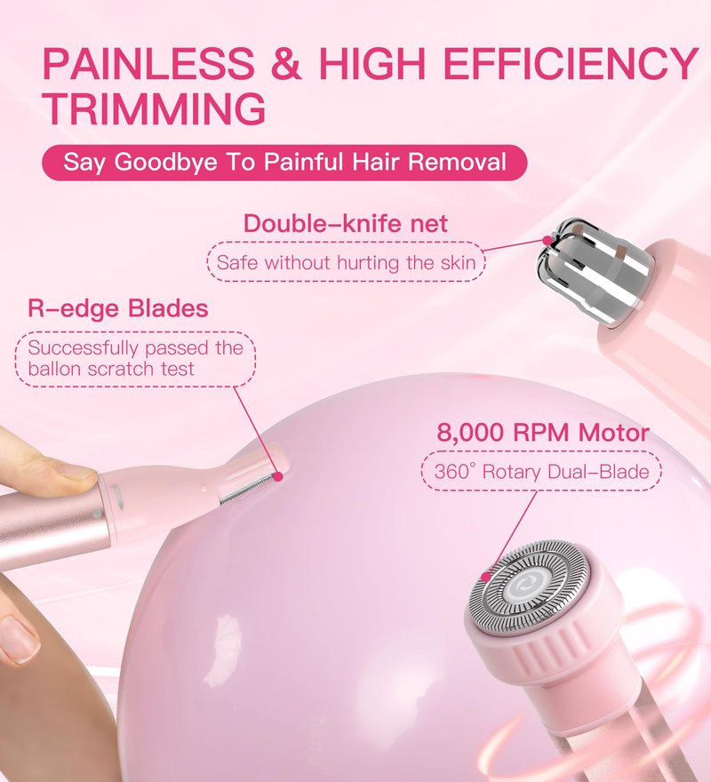 HEBECA Nose Hair Trimmer for Women 3in1 Facial Hair Removal Trimmers- Rechargeable, Waterproof, Portable with Travel Bag- Trims Nose, Ear, Eyebrow, Peach-Fuzz, Lips, Chin Face Hair Remover (Pink)