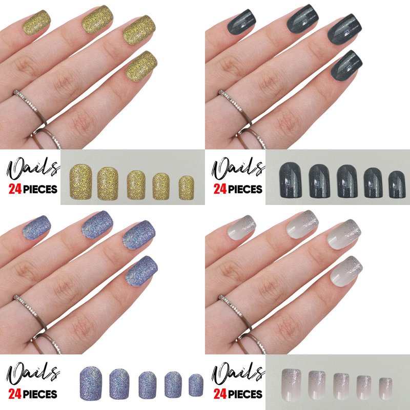 192 Pcs Short Square Press on Nails, Acrylic Full Cover Fake Nails with 8 Pink Glitter Designs, Sparkling Reusable Glossy Nail Tips