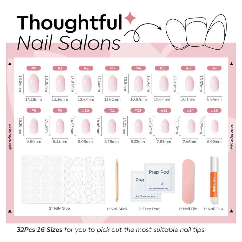 modelones Pink Short Polka Dot Press on Nails, Semi-Transparent Oval Fake Nails Kit Press Ons with Nail Glue, Adhesive Tabs, Nail File, Prep Pad, Manicure Stick, 32Pcs 16 Sizes, Spring Women Girl Gift