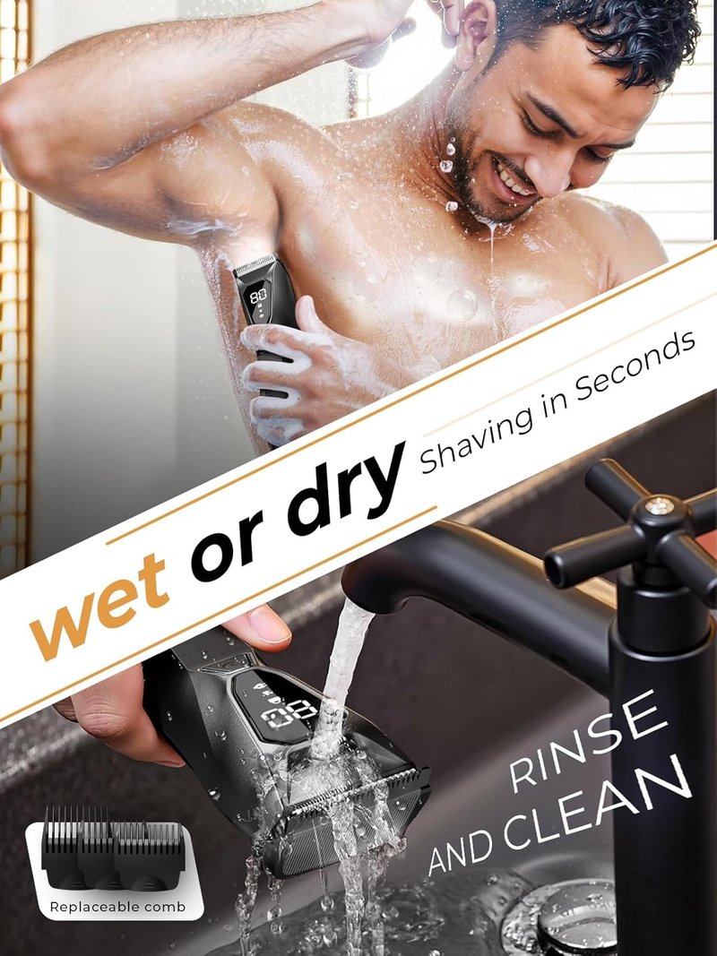 Body Hair Trimmer for Men - Waterproof Pubic Hair Groomer with Wireless Charging & 4000K LED Display | 90-Minute Runtime, Ceramic Blade