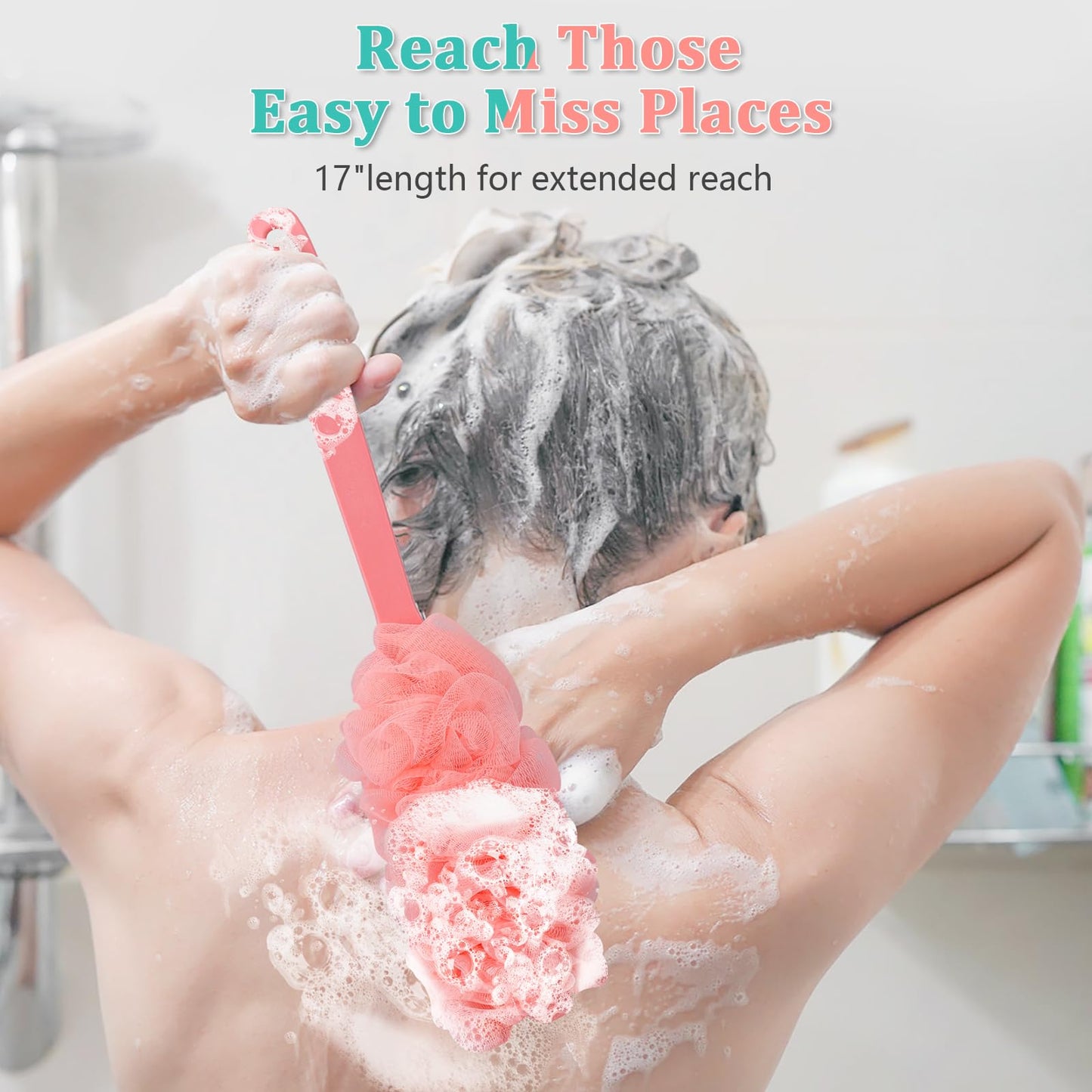 4Pack Back Scrubber for Shower Loofah with Long Handle, Shower Brush for Body, 17″ Loofah on a Stick for Men Women Bathing Accessories, Scrubber Sponge for Exfoliating Bath Brushes (Pink & Green)