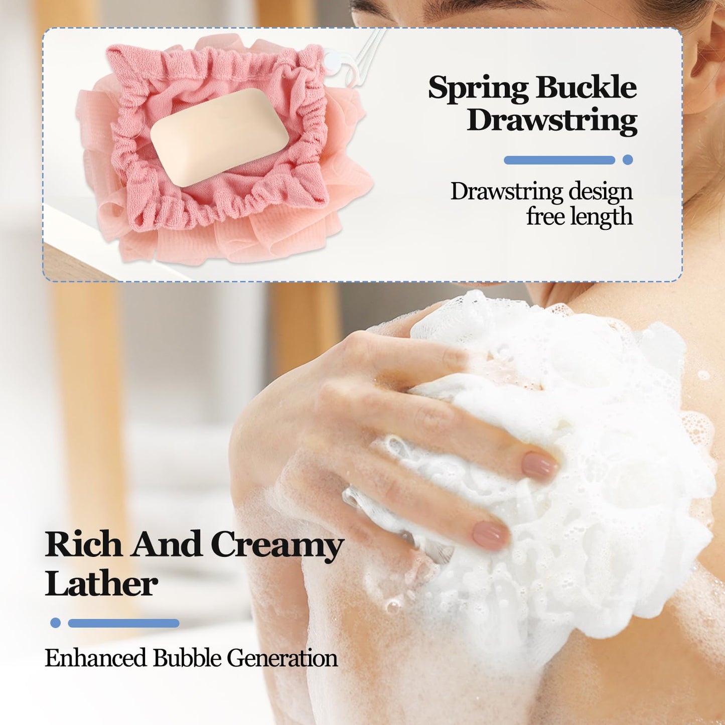 Soap Bar Loofah that Holds Bar Soap-Exfoliation Mesh Shower Ball,2 in 1 Bath Loofah Sponge with Drawstring (Pink,Blue,White)