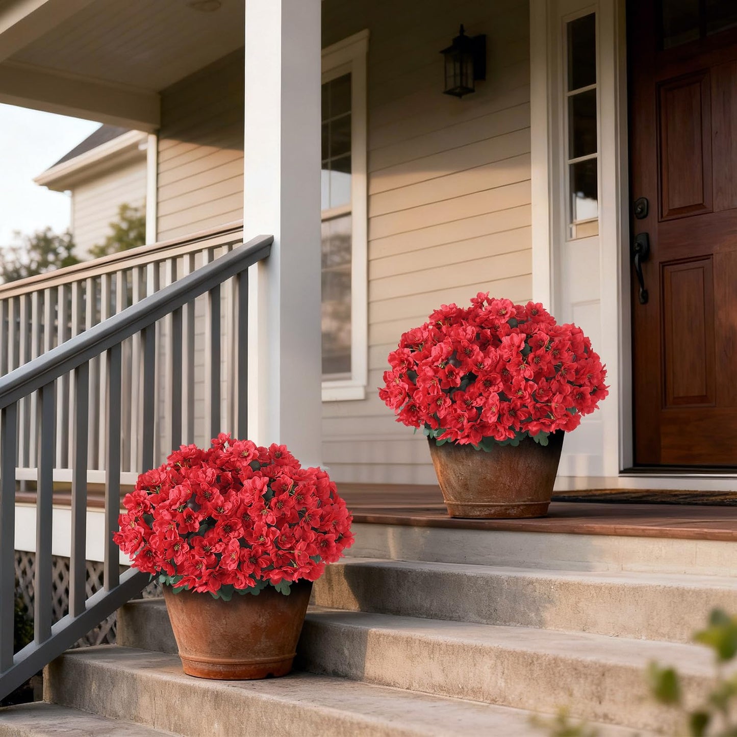 YXZZWL Set of 2 Artificial Azalea Flower Topiary Trees - Fake Silk Flower Potted Plants, Sun-Resistant Faux Outdoor Azalea Bushes for Front Door, Garden, Yard, Farmhouse Decor (Red)