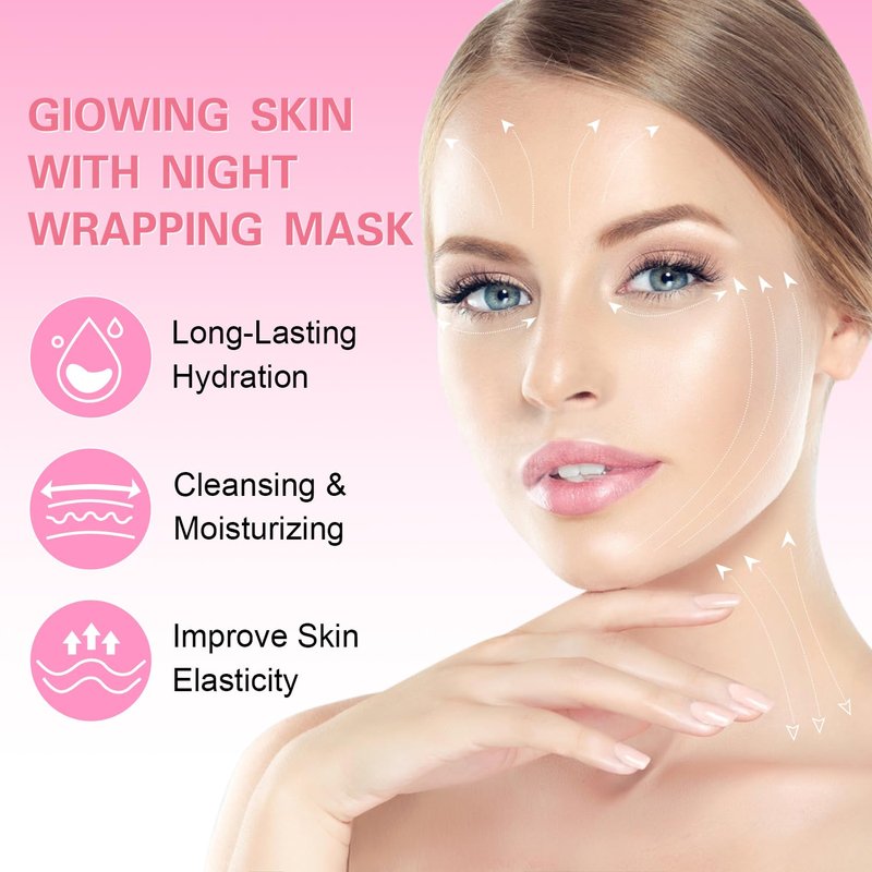 Josmon Collagen Night Wrapping Mask for Glowing Skin, Collagen Overnight Wrapping Peel Off Facial Mask for Elasticity Hydration, Reduce Sagging Dullness, 2.53 fl.oz, Pink(Brush Included)