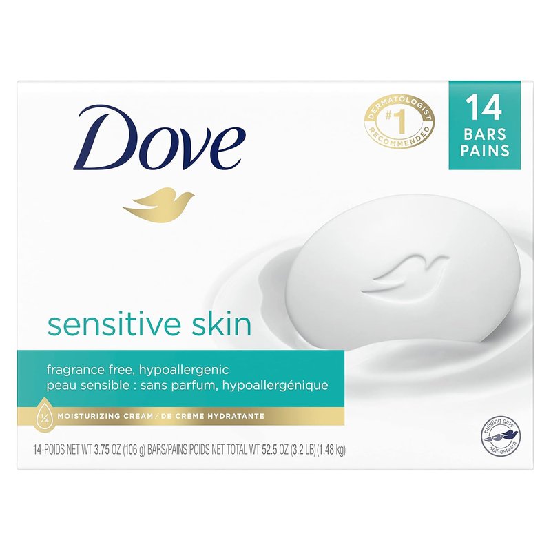 Dove Sensitive Skin Beauty Bar - Fragrance-Free Hypoallergenic Soap with Moisturizing Cream | 3.75 oz (14 Bars)