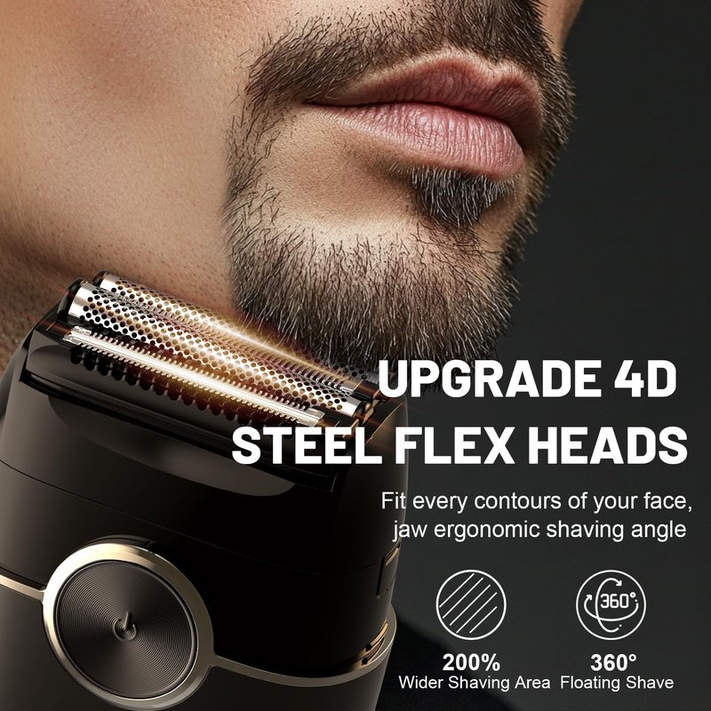 Rechargeable Electric Razor for Men - Mini Foil Shaver with 4 Floating Blades | Dual-Speed, LED Display, 120Min Runtime, IPX7 Waterproof