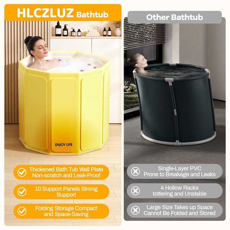 HLCZLUZ Foldable Portable Bathtub, Hot Ice Bath Tub, Shower Tub Non-Inflatable, Collapsible Bathtub SPA Soaking Tubs for Travel, Camping, Gyms, Home (Yellow)
