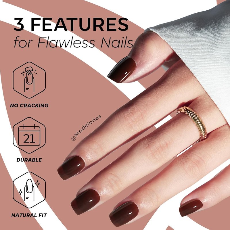 Modelones Brown Press-On Nails - Short Square Fake Nails, Reusable Kit with Glue & Mini File | 32 Pcs, 16 Sizes