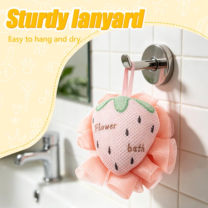 Kids Loofah, Cute Cartoon Animal Kids Bath Sponge with Hanging Rope, Soft Double Mesh for Rich Lather (Pink Strawberry)