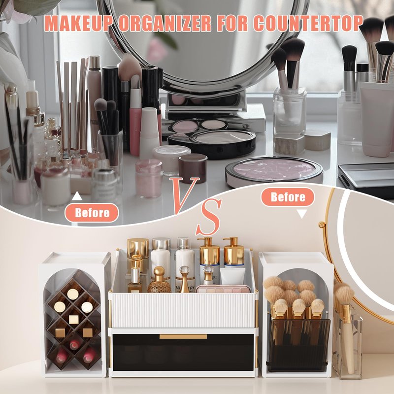 DINMPB Large Makeup Organizer for Vanity with Brush Holder and Lipstick Display Stand, Countertop Cosmetic Storage with Drawer for Skincare, Nail Polish, Perfume and Eyeshadow Palettes