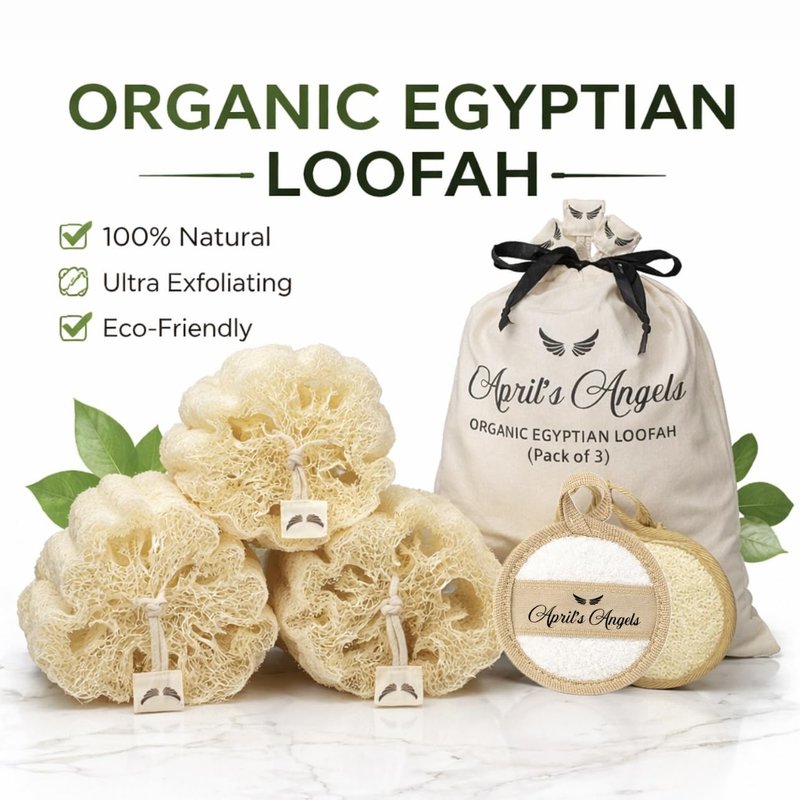 April's Angels 100% Natural Egyptian Loofah. Eco Friendly Exfoliating Scrubers for Body and Face. Natural Bathing Loofah for the Entire Family. Large Size (Set of 3 + 1 Exfoliating Face pad)
