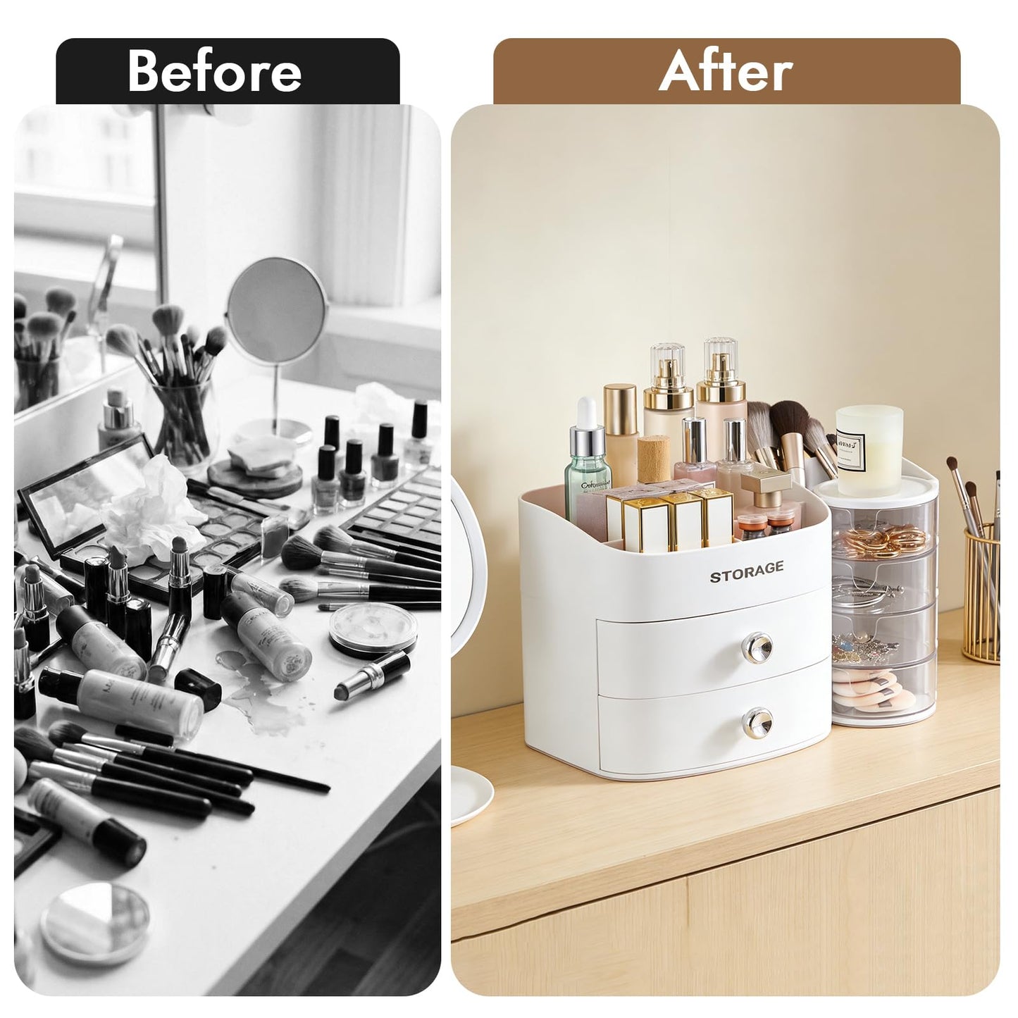 XIAPIA Makeup Organizer Countertop, Make Up Organizer for Vanity, Skincare & Cosmetic Organizers with Drawers, Bathroom Organizers Storage for Brush Holder|Lipstick|Jewelry, Ideal Gift for Women WHITE