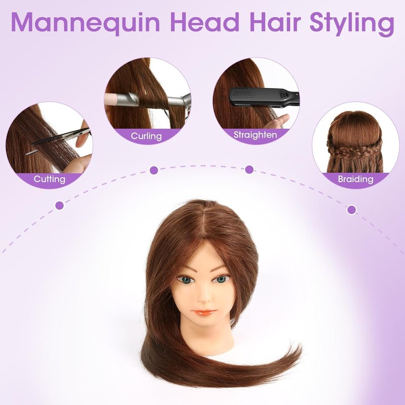 Skiennix Mannequin Head - 100% Human Hair Cosmetology Training Doll | 18'' Dark Brown with Blue Eyes