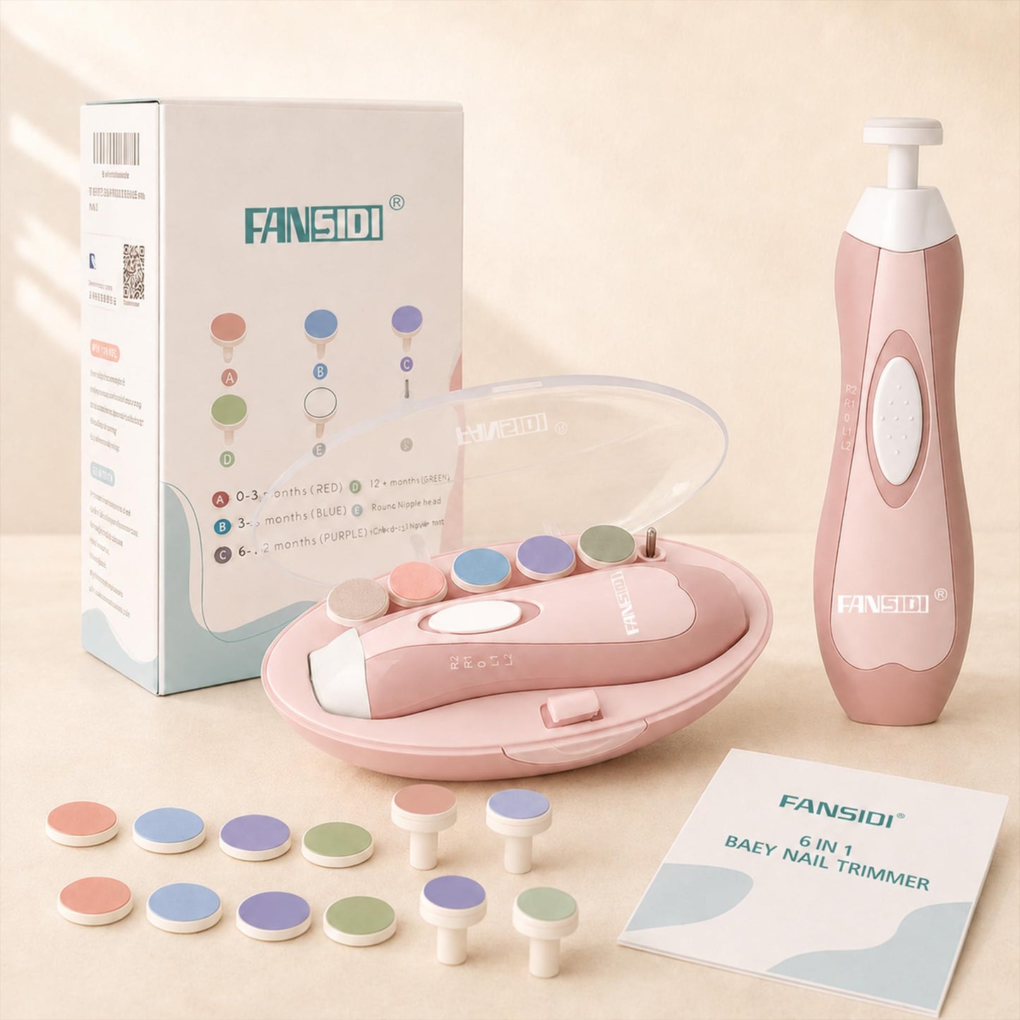 Fansidi Baby Nail Trimmer Electric, Easy & Safe Nail File for Newborn to Toddler, Whisper-Quiet Nighttime Use, Precise 4-Stage Grinding Heads, LED Light, 18-Pcs Kit, Blush Petal Pink, Baby Shower Gift