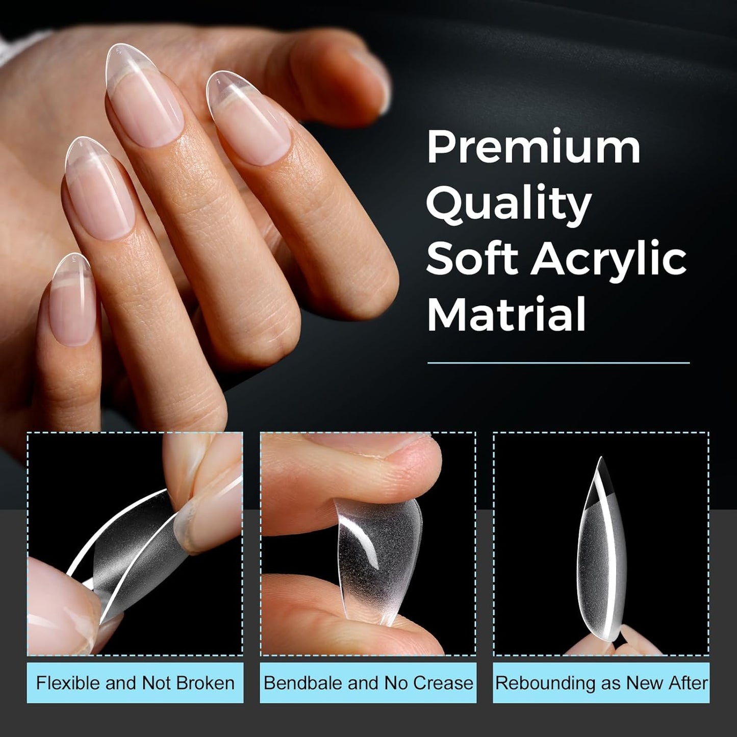 TOMICCA Short Almond Nail Tips - Pre-Shaped Half Matte Clear Full Cover Extensions | 240PCS in 15 Sizes