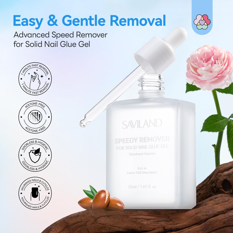 SAVILAND Nail Glue Remover for Press on Nails: 50 ML Solid Gel Glue Remover for Nail Tips, Quick Gentle Removal with Castor Oil VE, Non-Drying Odor-Free Non-Acetone Glue Remover Home Salon Starter DIY